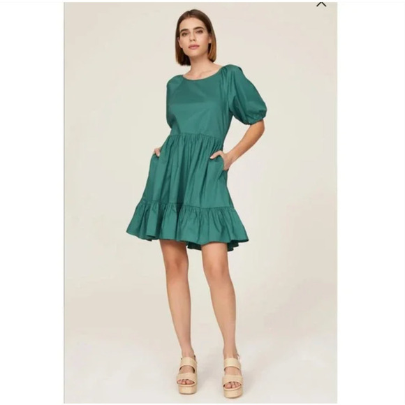 Peter Som Tie Back Green Dress 6 Ruffle Hem Puff Sleeves Travel Beach Resort - Picture 1 of 8